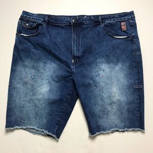 Born Fly Jean Men’s Shorts Blue Denim Paint Splatter Raw Hem Size 50